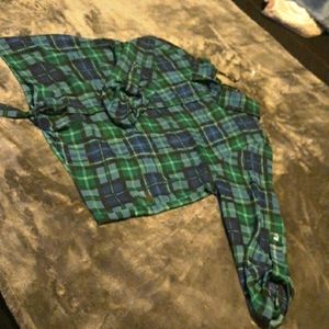 plaid button-up mid-sleeve top